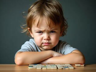 Naklejka premium Frustrated child trying to solve a puzzle, furrowed brow and crossed arms