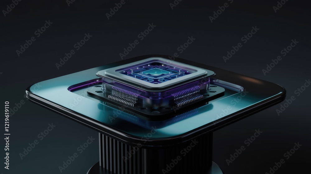 Poster Futuristic tech component, a high-tech square processor with glowing details, advanced hardware.