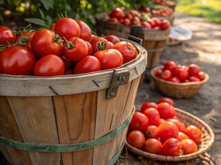 Vintage Wooden Crate Overflowing with Ripe Red Tomatoes - Rustic Farm Produce