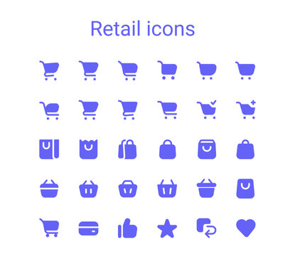 Shopping cart, shopping bag and grocery basket vector icon set. Webshop small mini line round icons.