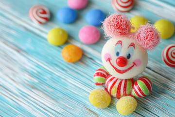 Obraz premium Clown toy and candies. Clown toy for Jewish holiday Purim, on blue background with colorful candies.