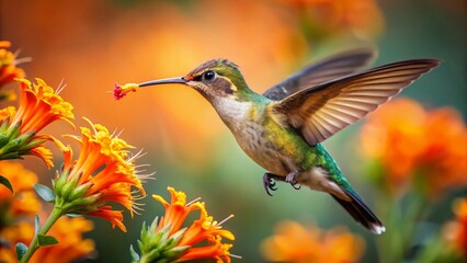 Naklejka premium Volcano Hummingbird in Flight, Feeding on Orange Flower - Documentary Style Photography