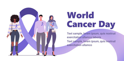  Young, modern people celebrate World Cancer Day. Near a purple ribbon is a group of people in casual clothes wearing a purple ribbon. Vector illustration. Not AI generated