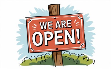 We Are Open! A cheerful illustration of a hand-drawn sign announcing a business opening.