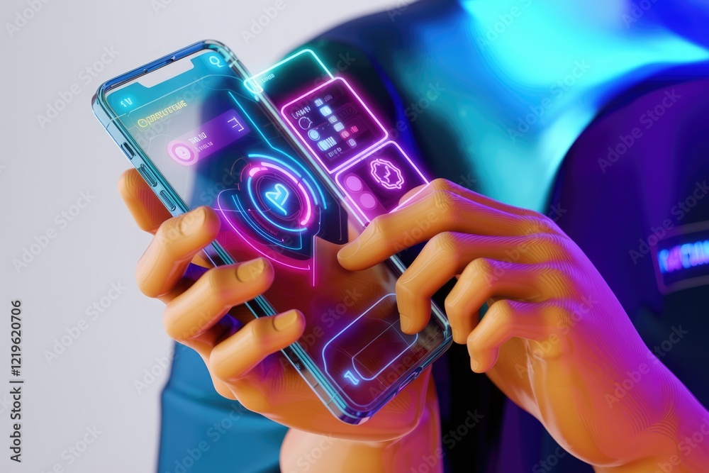 Poster neon-lit smartphone interface displays futuristic app with glowing interactive elements.