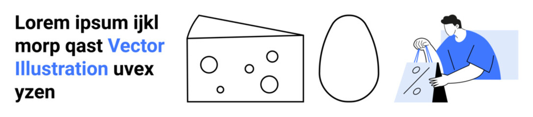 Man holding shopping bag, large slice of cheese, abstract shapes, placeholder text. Ideal for shopping, groceries, ecommerce, marketing cheese production digital art conceptual design. Landing