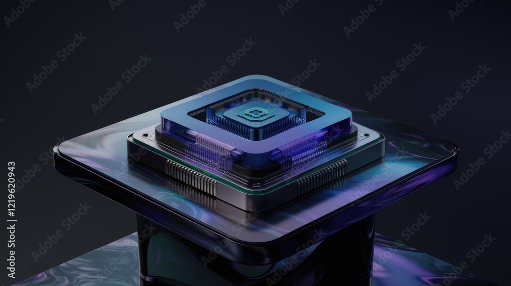 Poster advanced technological microchip, showcasing intricate design and futuristic aesthetics.