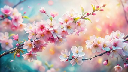 Obraz premium Watercolor Cherry Blossoms Spring Floral Art with Copy Space - Perfect for Greeting Cards and Spring Designs