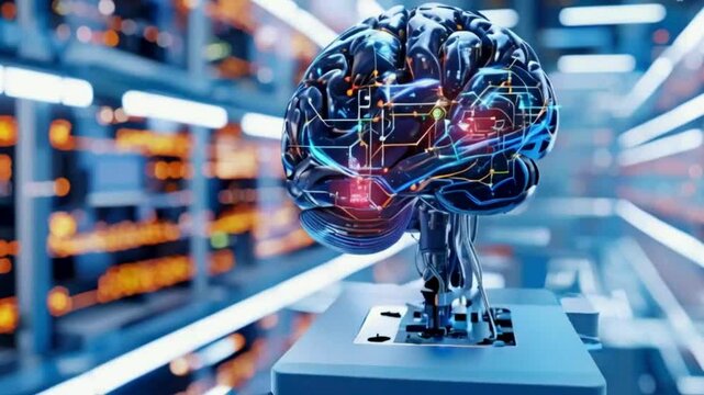 Futuristic depiction of a brain with neon lights and circuitry, representing advanced artificial intelligence.

