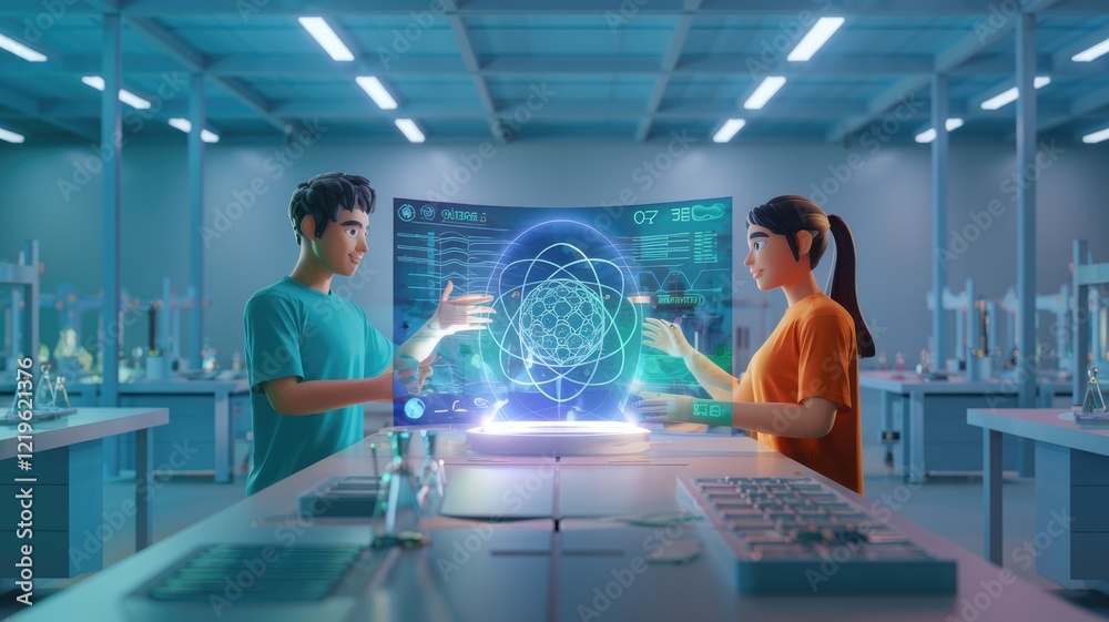Aufkleber two cartoon students collaborate on a futuristic holographic interface in a science lab, exploring a