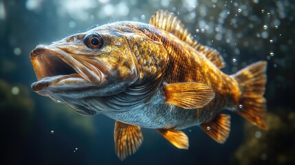 Fototapeta premium A realistic depiction of a bass fish swimming underwater,