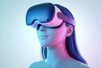 Woman with long hair wearing a virtual reality headset, illuminated by neon lights.