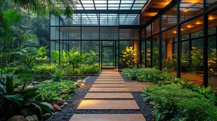 A modern glass building with a sleek,