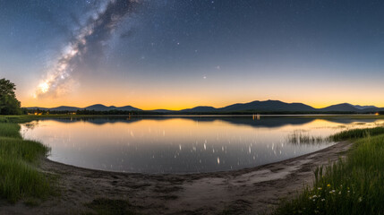 Fototapeta premium Breathtaking panorama of the milky way galaxy reflected in a serene lake at twilight, with mesmerizing star trails adding to the magical ambiance
