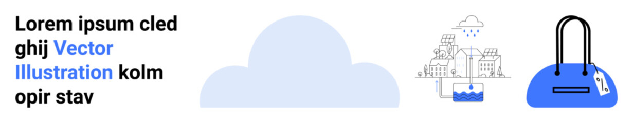 Cloud shape, cityscape drawing, and handbag illustration. Ideal for weather theme, urban planning, travel content, fashion articles, digital marketing educational tools web design. Landing page