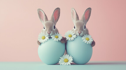 Charming rabbits with blue Easter eggs and daisies on a pink backdrop. Vibrant spring theme for greeting cards, seasonal decor, or holiday designs. Perfect for festive occasions.