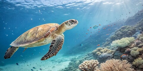 Obraz premium Watercolor Sea Turtle Hand Drawn Illustration: Pacific Ocean Wildlife Endangered Species