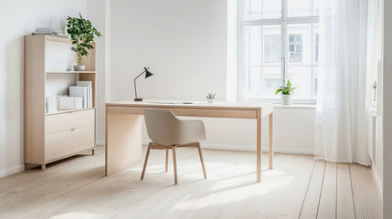 Fototapeta premium Bright and modern wooden home office with natural lighting