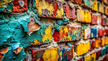 Fototapeta premium Weathered Brick Wall Texture: Close-Up of Peeling Paint and Aged Brickwork