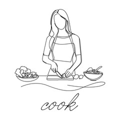 A woman cutting vegetables in the kitchen, making a healthy meal. The drawing is expressed in a continuous and simple linear style.