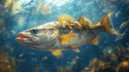 Fototapeta premium A realistic depiction of a bass fish swimming underwater,