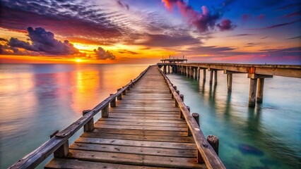 Fototapeta premium Weathered Wooden Sea Pier Extending into Calm Ocean at Sunset - Landscape Photography