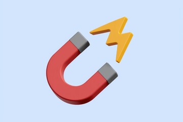Fototapeta premium A red horseshoe magnet attracts a yellow lightning bolt, symbolizing powerful attraction or energy.