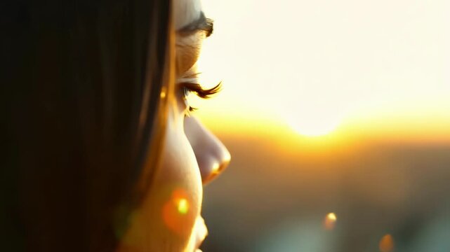 Close-up of a woman's eye reflecting a sunset. Concept of nature's beauty, introspection, and self-reflection in serene moments