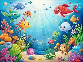 Obraz premium Whimsical Cartoon Sea Creatures Aerial View, Blank Space for Text