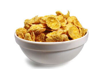 crispy corn flakes glazed with sugar in a porcelain bowl on a white background