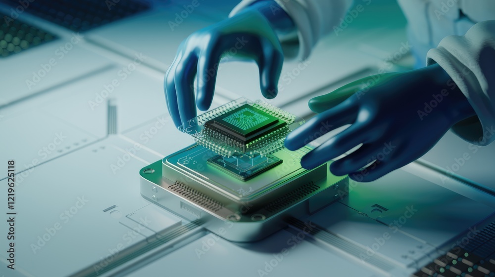 Poster gloved hands carefully install a microchip onto a circuit board, showcasing advanced technology.