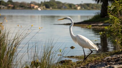 Obraz premium White Heron Hunting Lakeside Sarasota Florida - Wildlife Photography