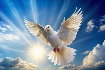 Obraz premium White Pigeon Soaring: Majestic Flight in Sunny Blue Sky - Stock Photo