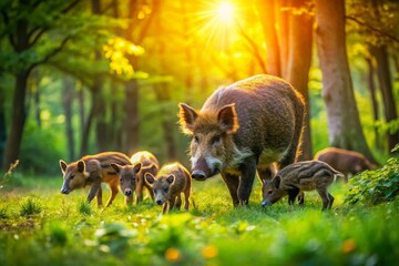 Fototapeta premium Wild Boar Family in Forest with Beautiful Bokeh - Nature Stock Photo