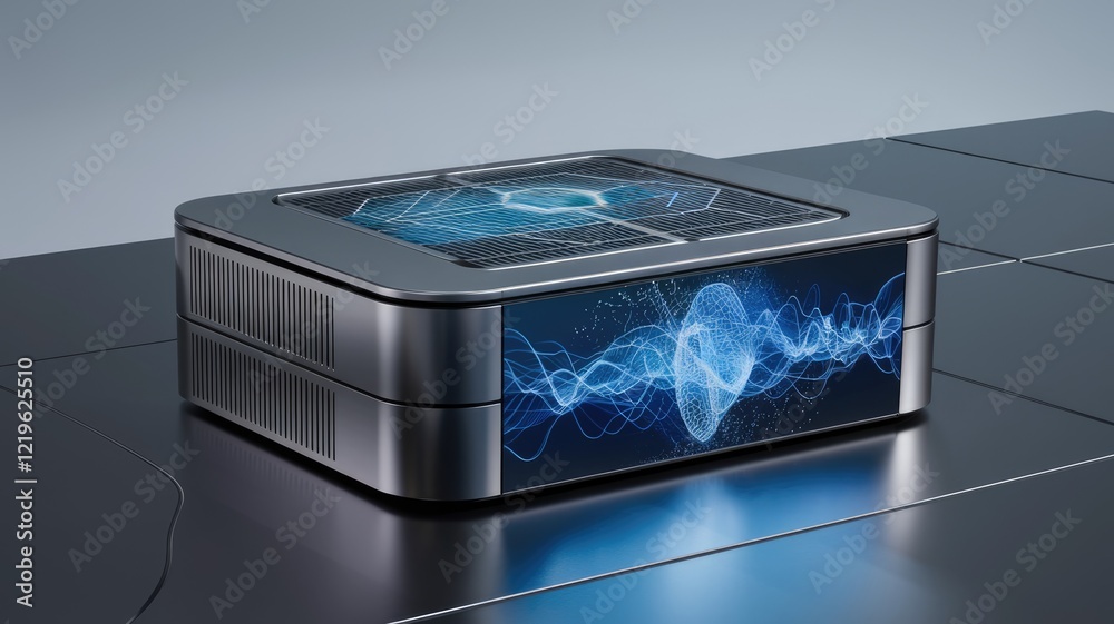 Poster Futuristic data processing unit with a display showing abstract waveforms and network connections.