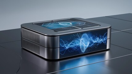 Futuristic data processing unit with a display showing abstract waveforms and network connections.