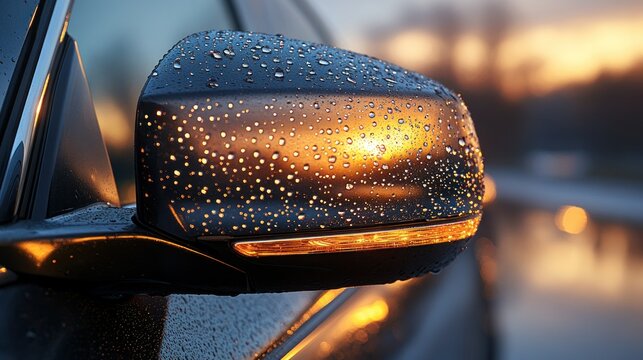 Dewy car mirror, sunset highway drive