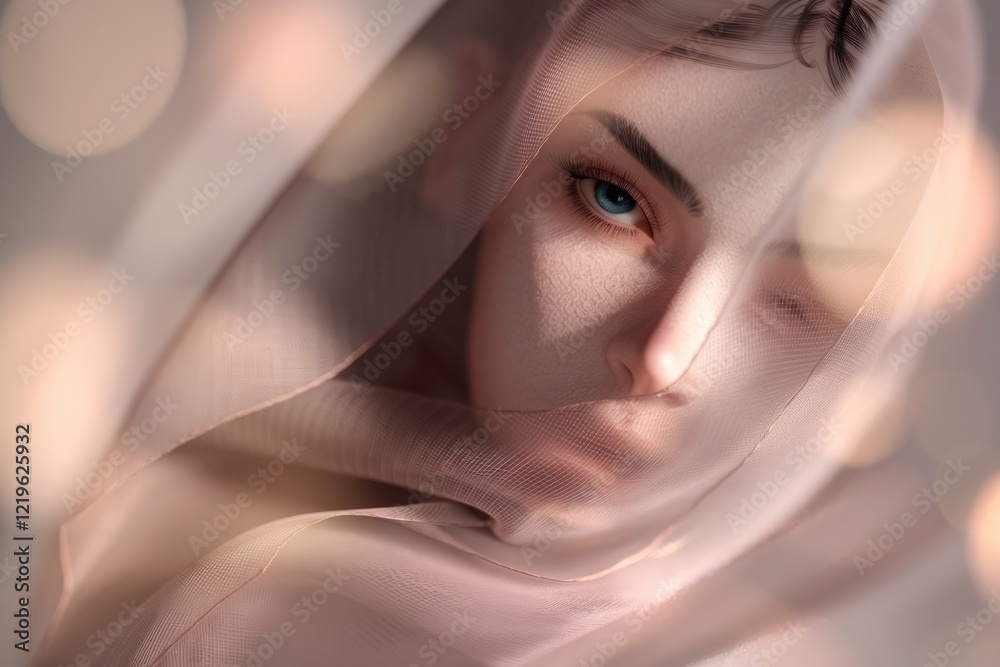Poster a woman's face is partially hidden behind a sheer, light pink veil, creating a mysterious and ethere