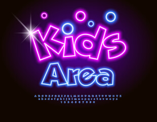 Vector Glowing banner Kids Area. Cartoon style Font. Neon Children Alphabet Letters and Numbers set. 