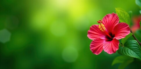 Obraz premium Colorful hibiscus flowers in a lush green background with soft focus, flowers, floral, colorful