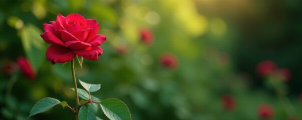 Last rose of summer clings to wilting stem in overgrown garden, vines, greenery, roses