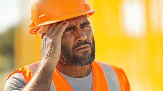 Construction worker experiences heat stress, fatigue. Man wearing safety helmet, safety vest. Holds hand to head indicating distress. Outdoor setting suggests hot weather conditions. Potential