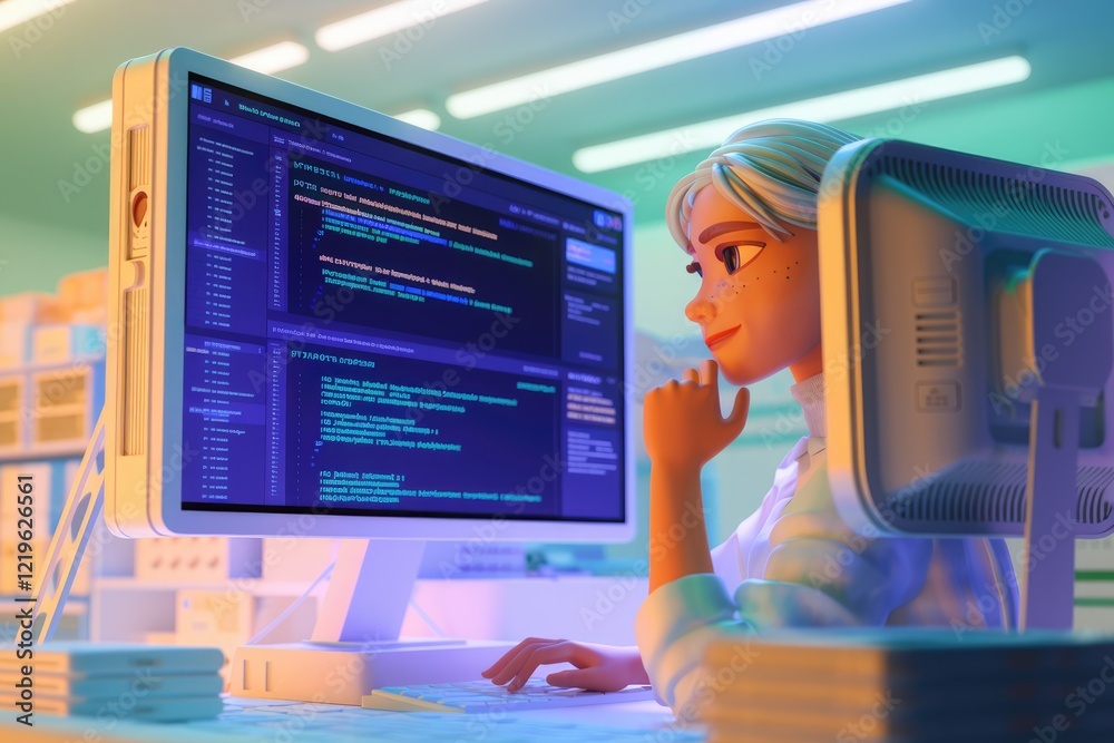 Aufkleber A 3D cartoon female programmer thoughtfully codes on her computer in a futuristic lab setting.