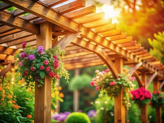 Obraz premium Wooden Pergola with Bokeh Background - Romantic Garden Setting