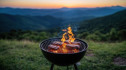 Grill with steak at sunset.