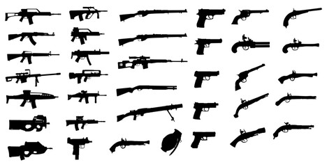 Silhouette Arsenal: A comprehensive collection of weapon silhouettes against a neutral background, ideal for illustrating various firearms and combat-related concepts.