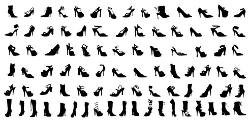 Shoe silhouettes collage: A stylish collection of various shoe silhouettes, showcasing diversity in fashion and footwear styles from elegant high heels to sturdy boots.