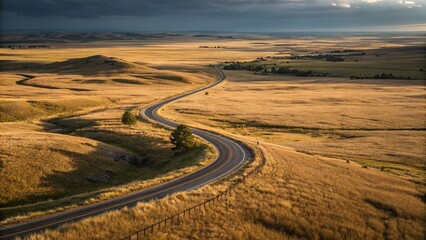 Fototapeta premium Wyoming Dry Grasslands Aerial Long Exposure: Scenic Highway Winding Through Golden Plains