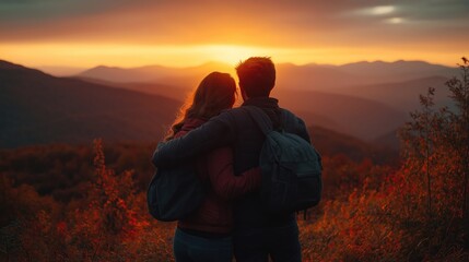 Romantic couple enjoy sunset in mountains. They hug and look at beautiful landscape. Hikers admire scenic view from high point. Outdoors in nature at scenic place. Young couple on nature adventure.