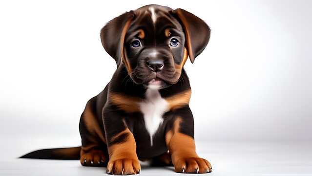 Adorable Beabull Puppy with Distinctive Brindle Coat and Playful Expression, Showcased on a Seamless White Background, Highlighting Its Unique Features and Charming Personality